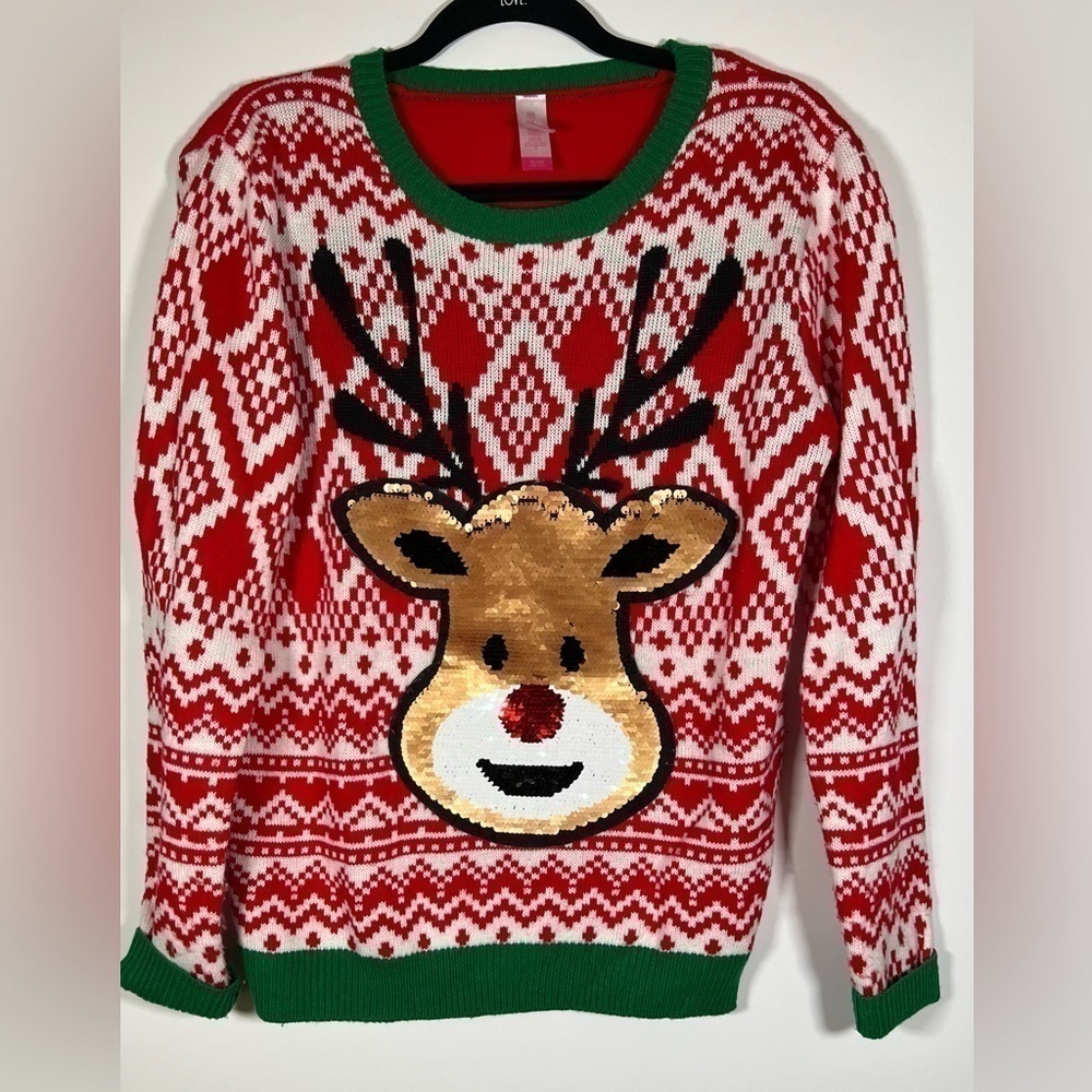 No Boundaries reindeer sequin graphic red fair isle sweater sz XL christmas